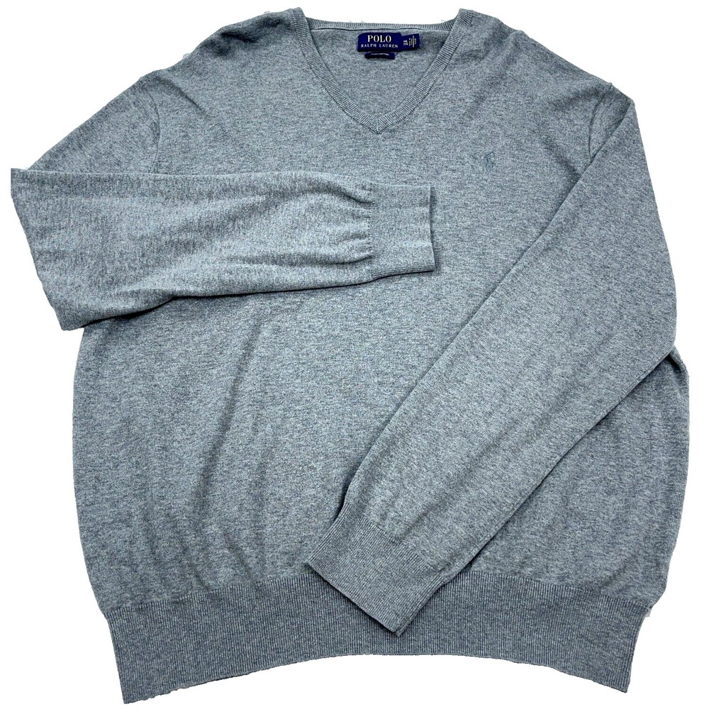 Polo‎ Ralph Lauren Sweater Men XXL 2XL Gray Pullover V Neck Pima Cotton Pony